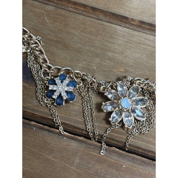 Gold Floral Statement fringe Necklace With Blue & Clear Gem Accents Dangle Chai - Picture 3 of 12